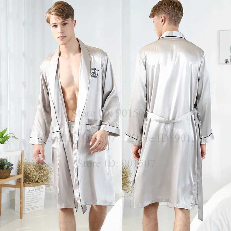 Men Homewear Leisure Sleeprobes Satin Robe Summer Spring Nightwear Male Casual Kimono Bathrobe Ice Silk Sleepwear NightgownXJ241018