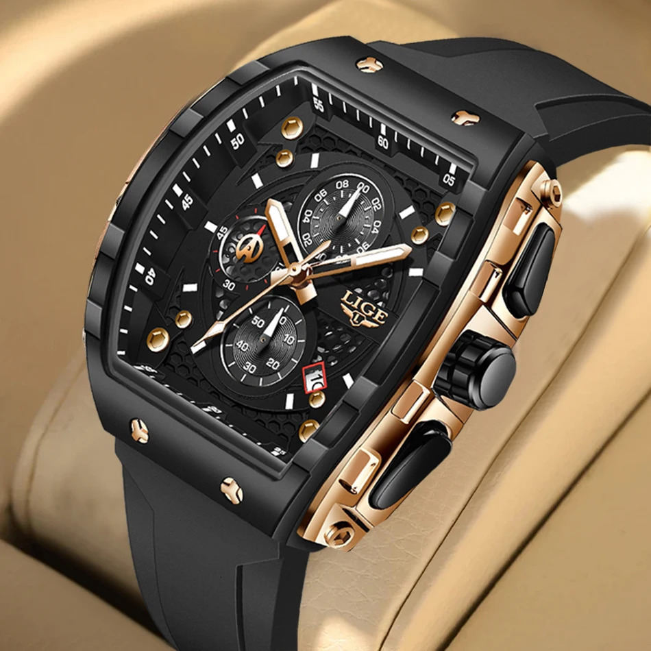 LIGE Top y Mens Watch Fashion Square Waterproof Quartz Military Sports Timing Montre Homme 241009
