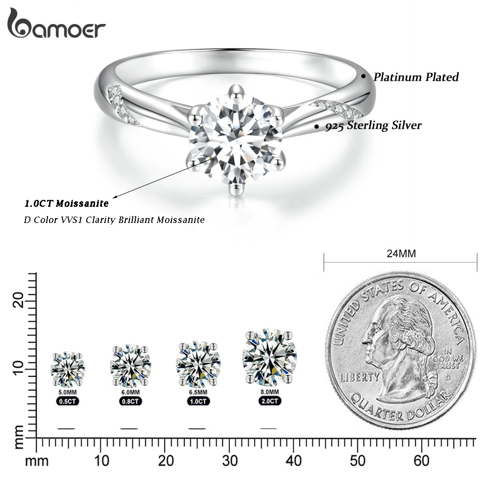 D Color VVS1 EX Ring 1ct Round Diamond Card Engagement 925 Pure Silver Ring 241007