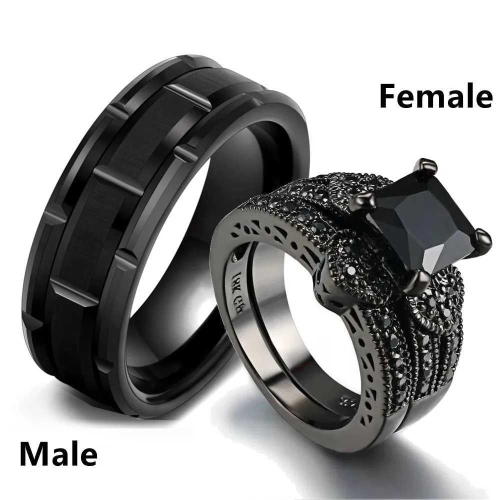 Fashion Jewelry Lover Gift Couple Ring Female Black Rhinestone Female Ring Set Fashion Mens Stainless Steel Ring Set Y241019