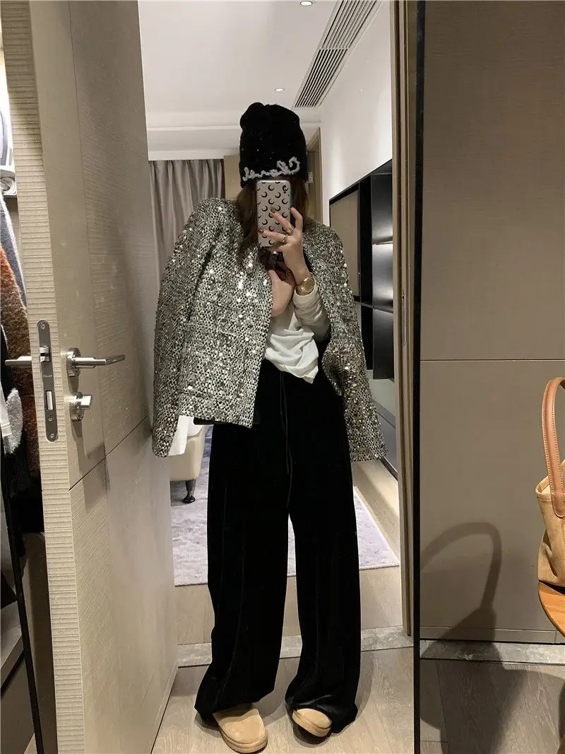 Short Coat Top Tweed Heavy Industry Sequins Jacket Women Clothes Chaquetas Para Mujer Ropa Korean Chic Loose Roupas Femininas 241019