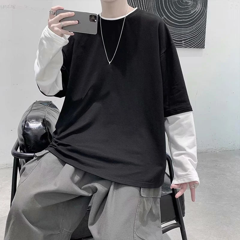 Autumn mens casual long sleeved T-shirt plus size sports shirt mens Korean fashion oversized T-shirt blue two-piece T-shirt 241018