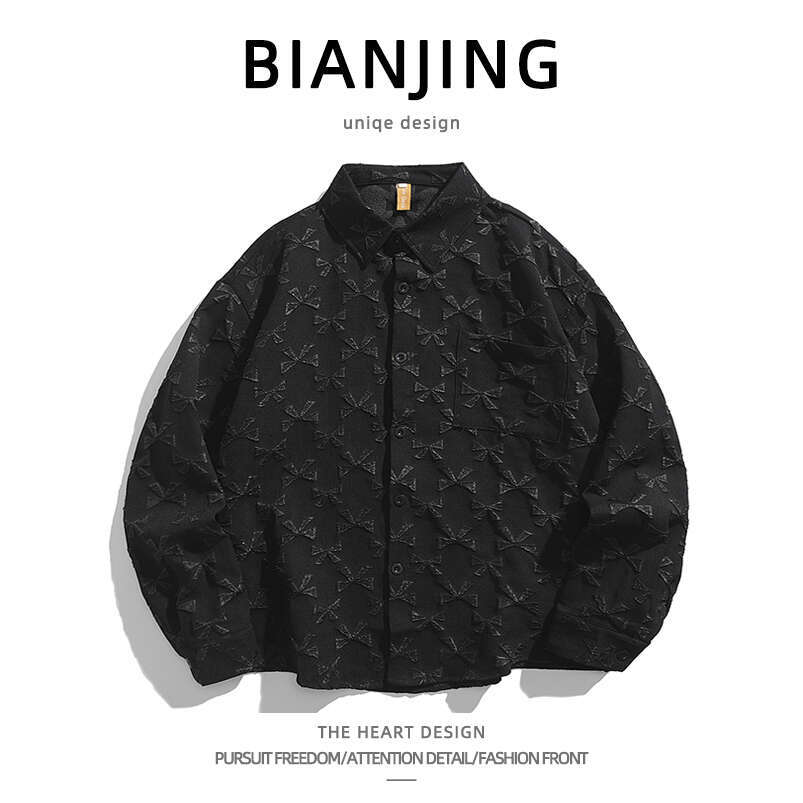 shanshi Men's shirts Trendy with butterfly knot texture design long sleeved men loose fitting versatile handsome solid color shirt for spring and