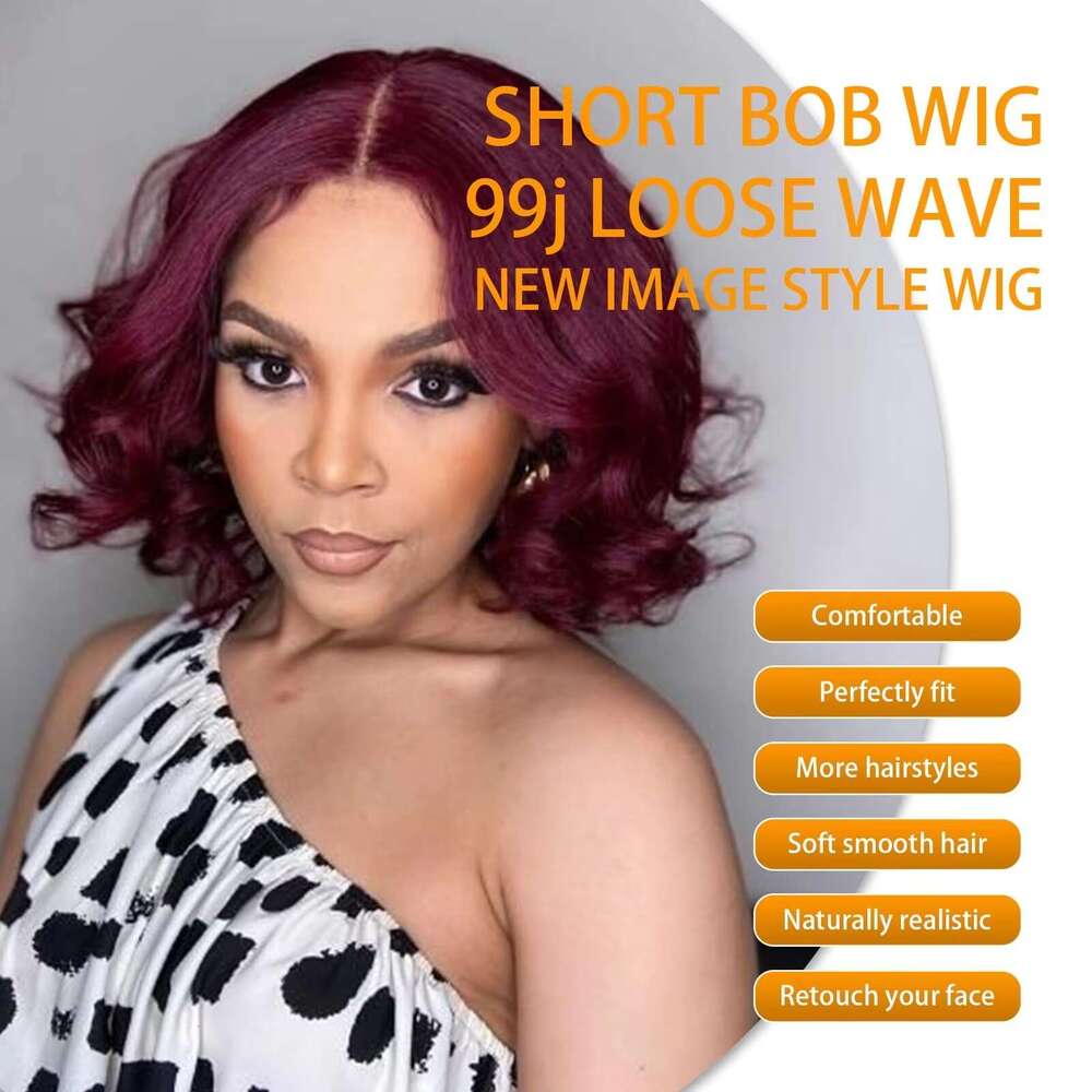 Bob Wig x Human Hair J Burgundy Loose Wave Lace Front Wigs Density Glueless Inch s