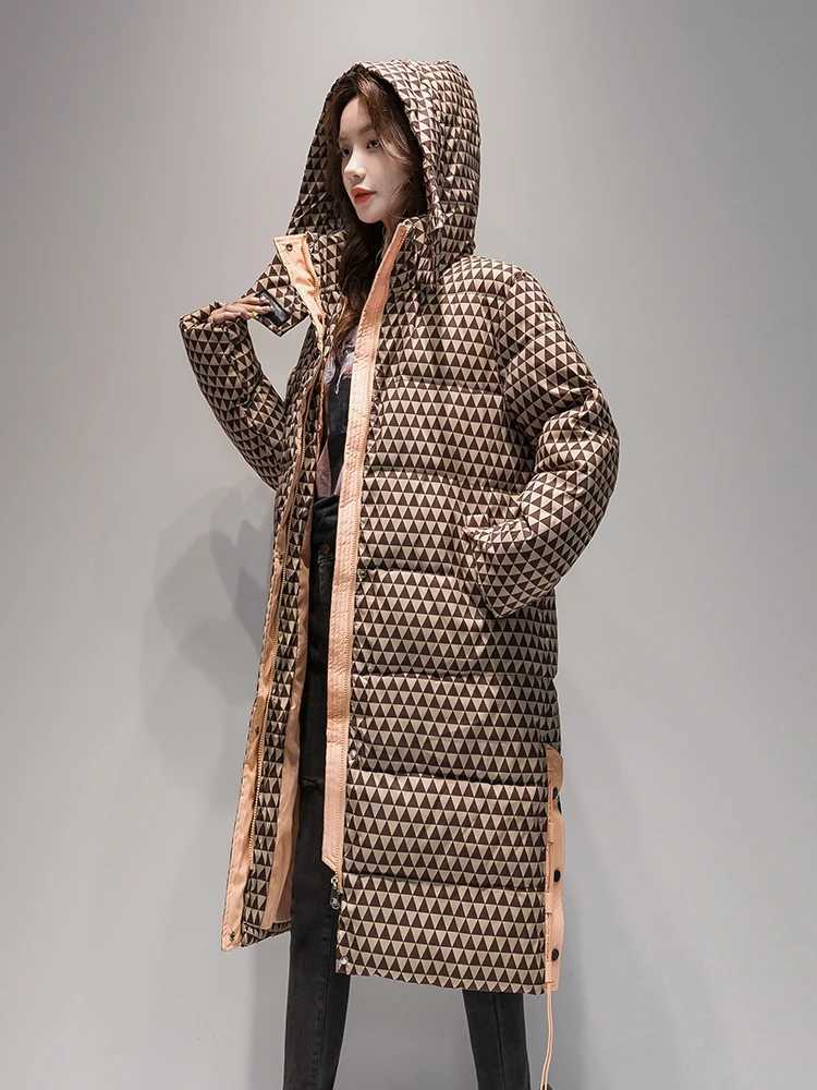 2023 Winter Warm Plaid Long Coat Women s Fashion Thicken Hooded Puffer Jacket Female Windproof Warm OutwearX241019