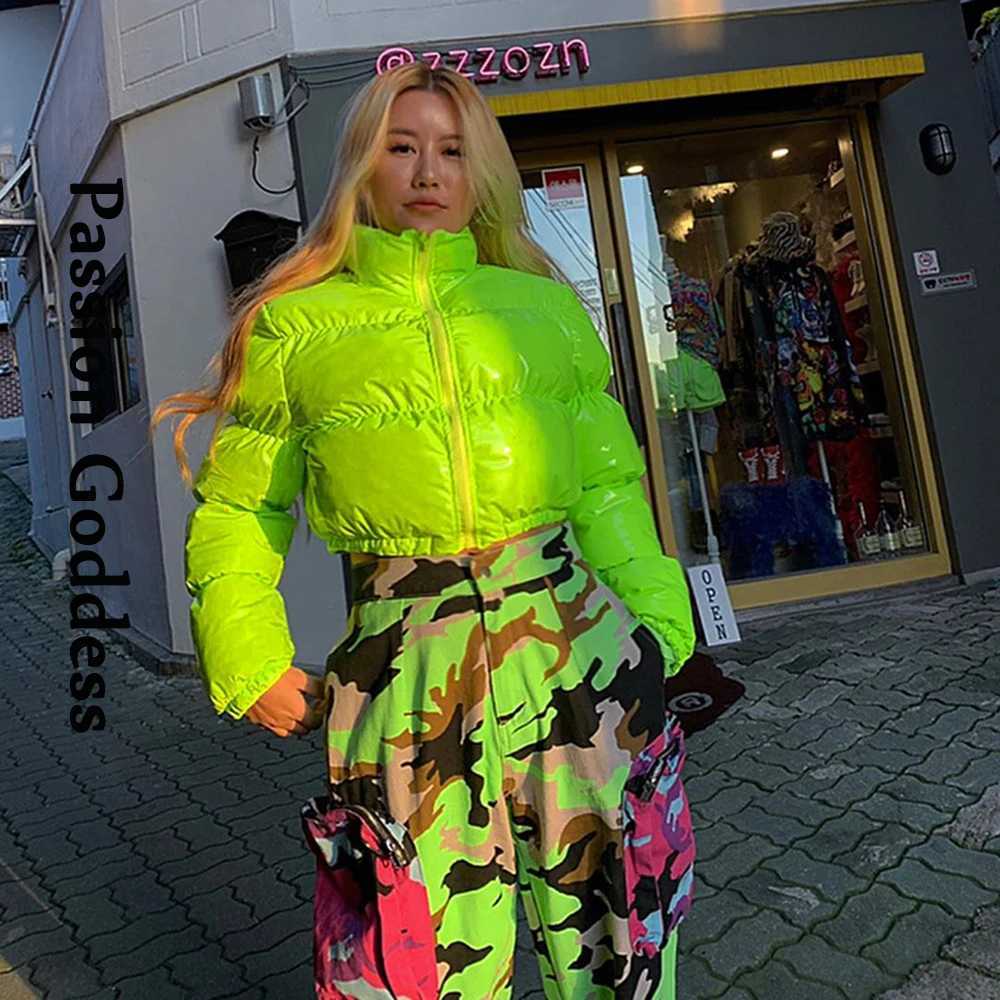 Women's Down Parkas Fashion Cool Women Bright PU Puffer Jackets Stand Collar Warm Bubble Coats Shiny Leather Parkas Down Zipper Crop Jackets Wint