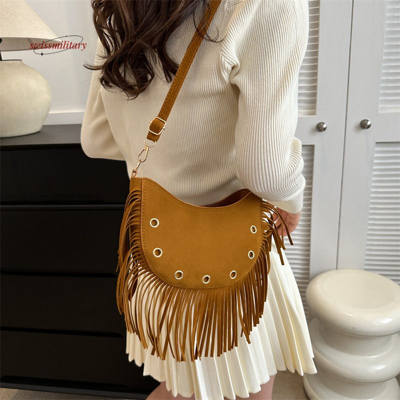 Tassel brown saddle shoulder niche ethnic controversy, West Asia crossbody bag, women's trendy travel bag #18 swissmilitary