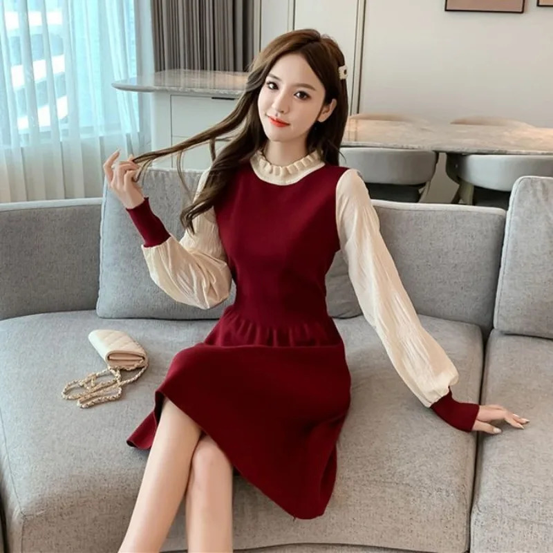 Women Autumn Winter Korean Fashion Patchwork O-neck Long Sleeve Knitted Dress Women Clothes Elegant All-match Warm A-line Skirt 241010
