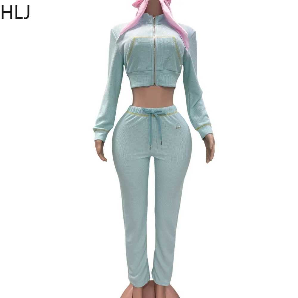 Women's Two Piece Pants HLJ autumn new waffle biscuit sport two-piece set womens zipper long Slve crop top jogging pants track suit womens clothi