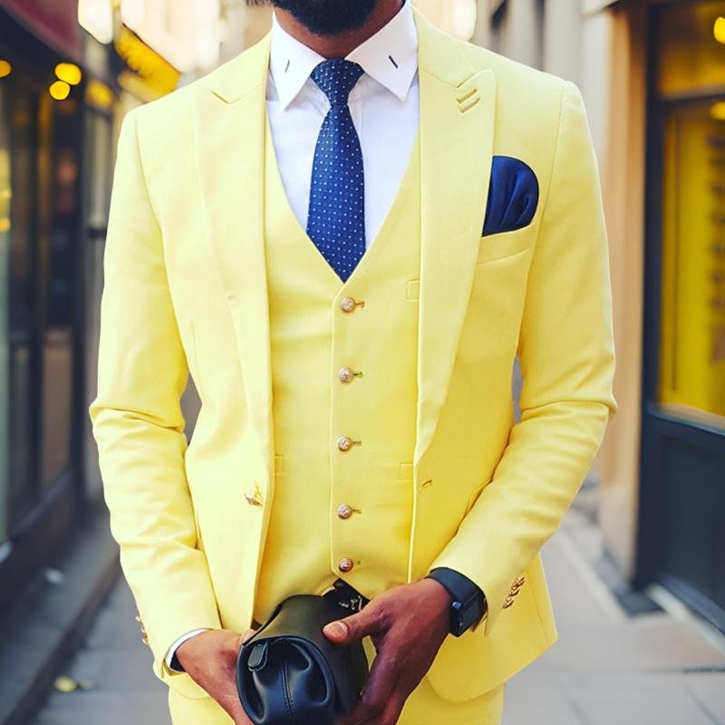 Slim Fit Yellow Men Suits for Wedding Prom Peaked Lapel Groom Tuxedo 3 Piece Custom Jacket Vest with Pants Male Fashion 2025
