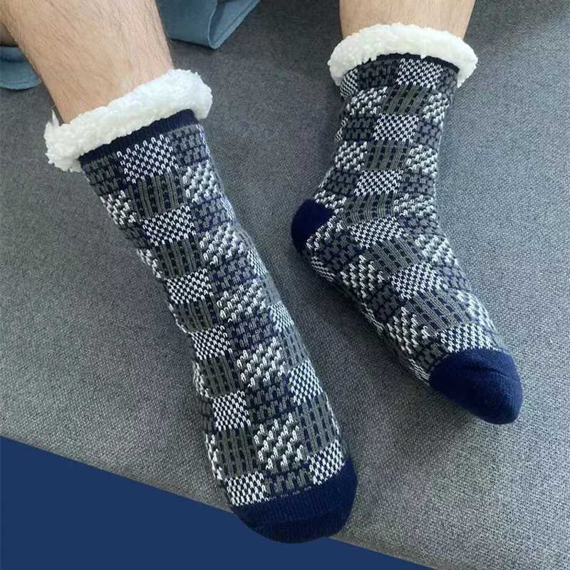 Fluffy Non Slip Socks Mens Plaid Winter Warm Short Cotton Thickened Home Sleeping Thermal Soft Anti Slip Floor Fuzzy Sock MaleXJ241019