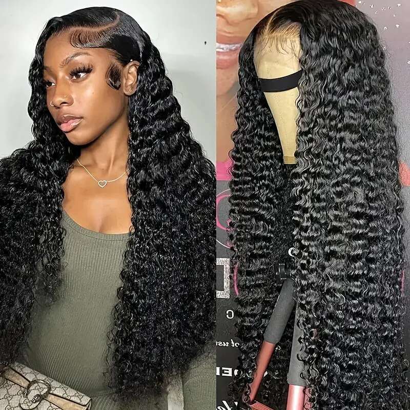 180% Density 13X6 Transparent Deep Wave Curly Human Hair Frontal Wig 30 34 Inch 4x4 Lace Closure Wigs For Women Pre Plucked