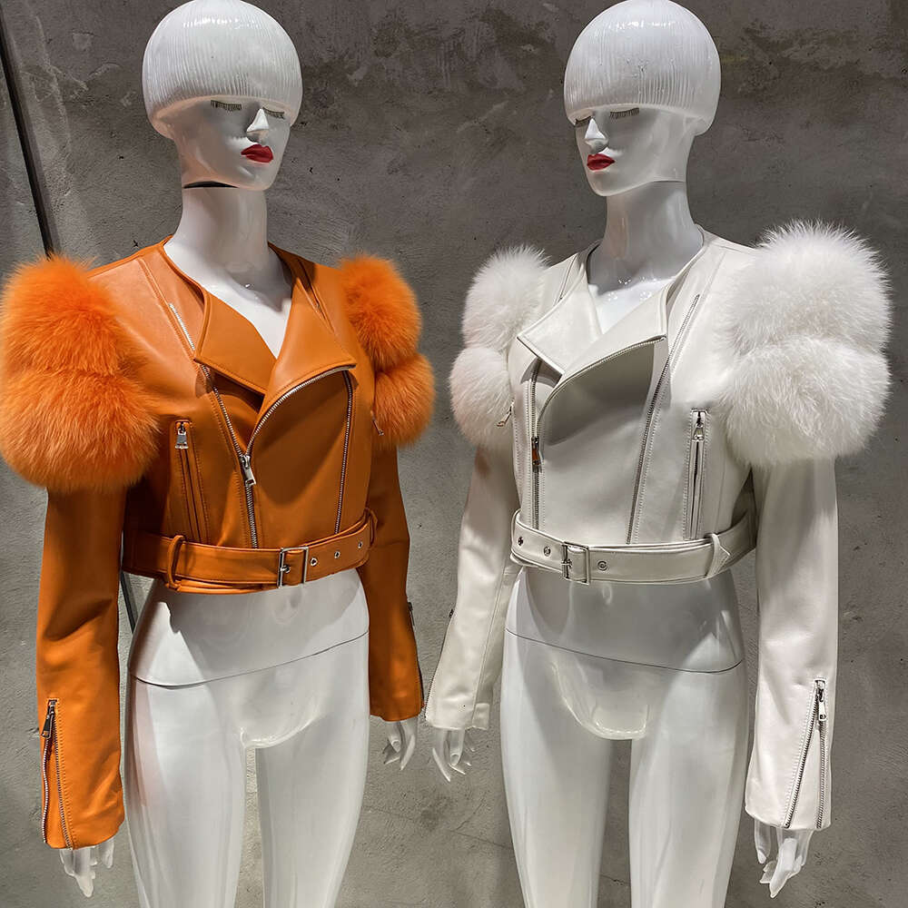 Yoloagain 2023 Autumn Natural Fox Fur Sleeve Genuine Cropped Women Shiny Sliver Leather Jacket Ladies