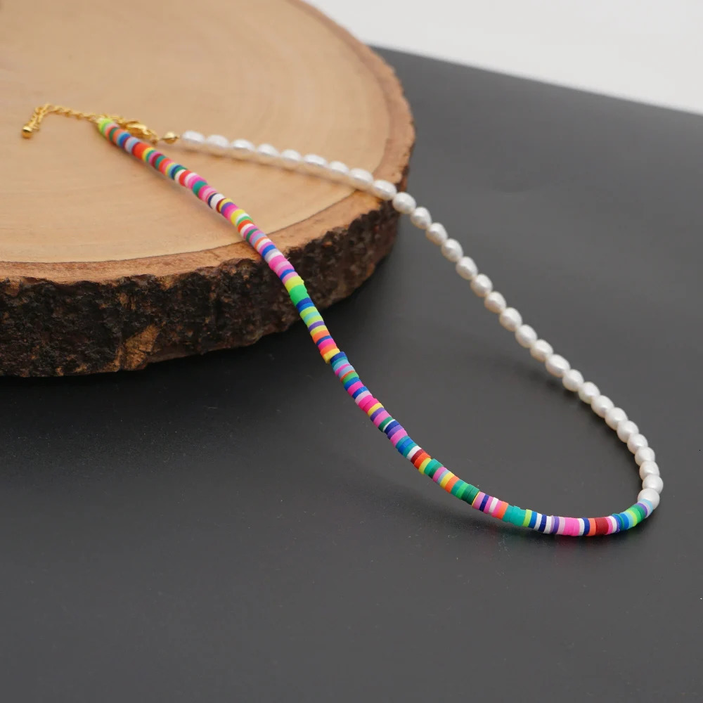 Go2Boho Freshwater Pearl Necklace Womens Jewelry Polymer Clay Flat Stone 4mm Beads Fashion Handmade Choking Stainless Steel Chain 241018