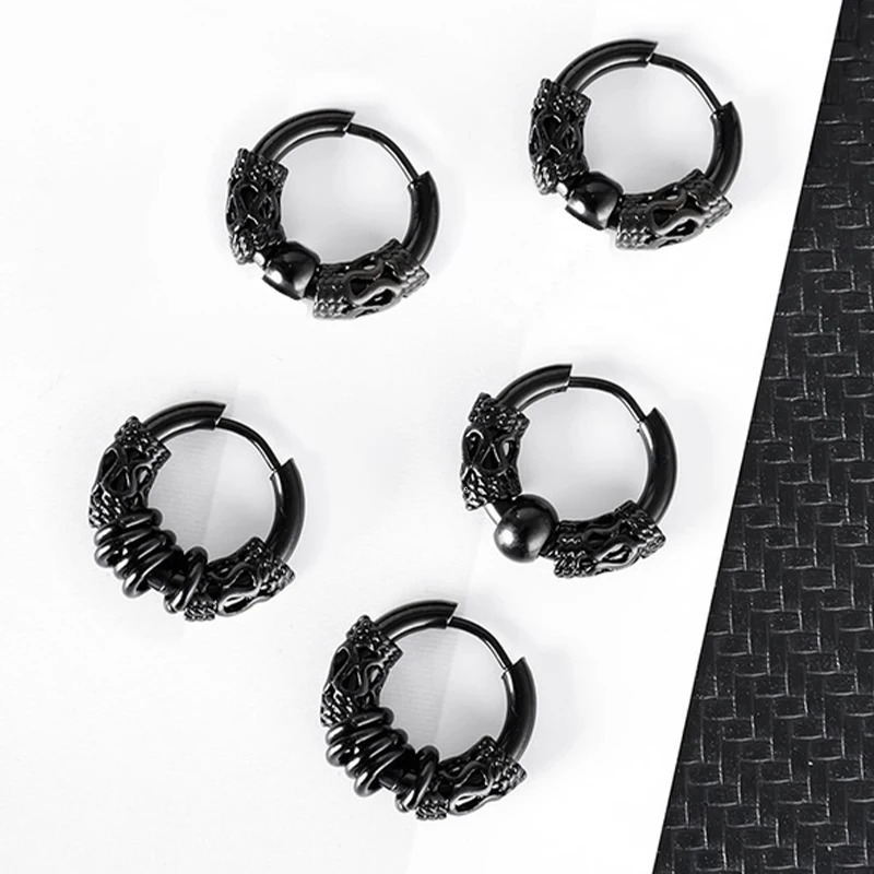 9 pairs of punk black multi style stainless steel stud earrings suitable for mens and womens Gothic street fashion hip-hop earrings jewelry gifts 2410