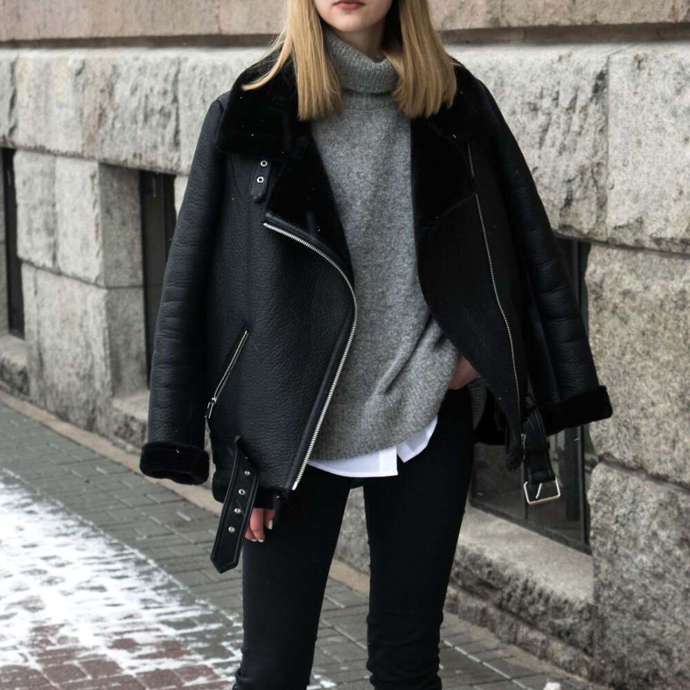Warm Women Faux Fur Jacket With Belt Streetwear Female Moto Biker Loose Thicken Coat Fashion Autumn Winter Outwear