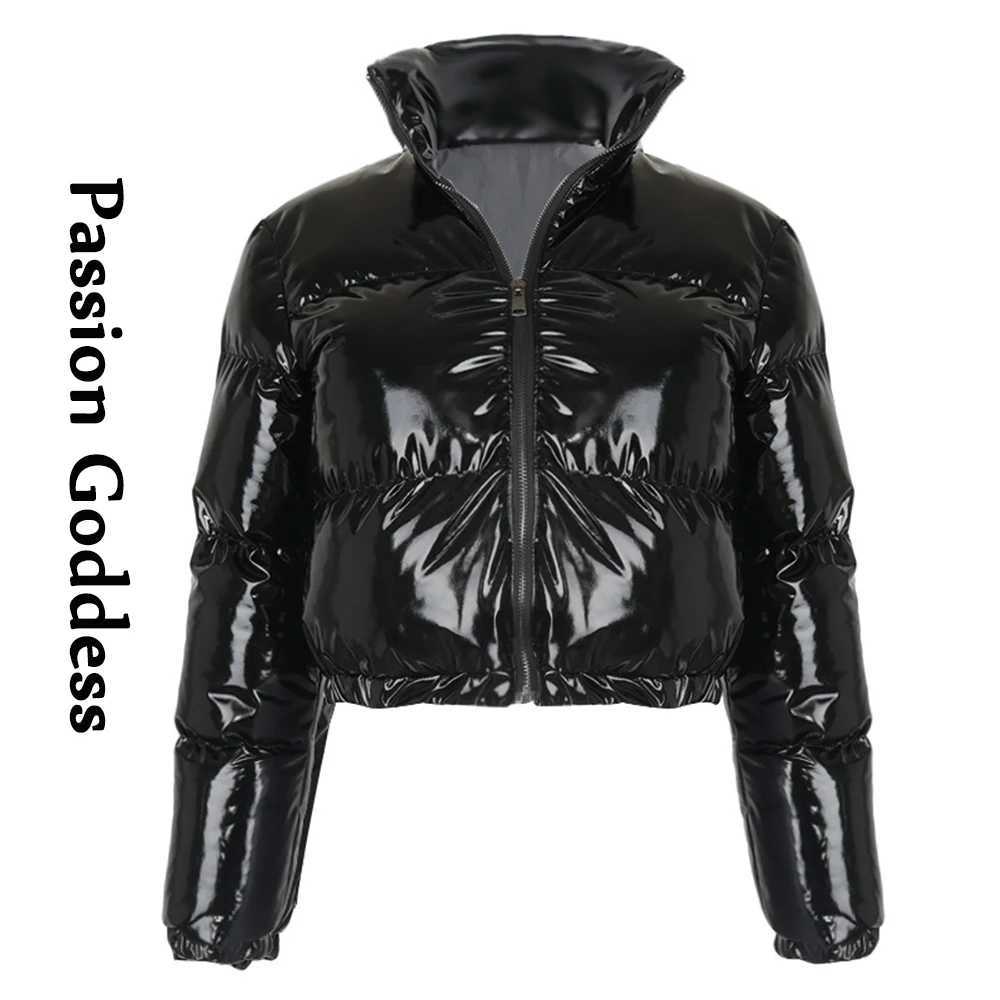 Women's Down Parkas Autumn Women Bright PU Puffer Jackets Winter Warm Shiny Leather Neon Bubble Coats Parkas Down Zipper Cropped Jacket Parkas Y2