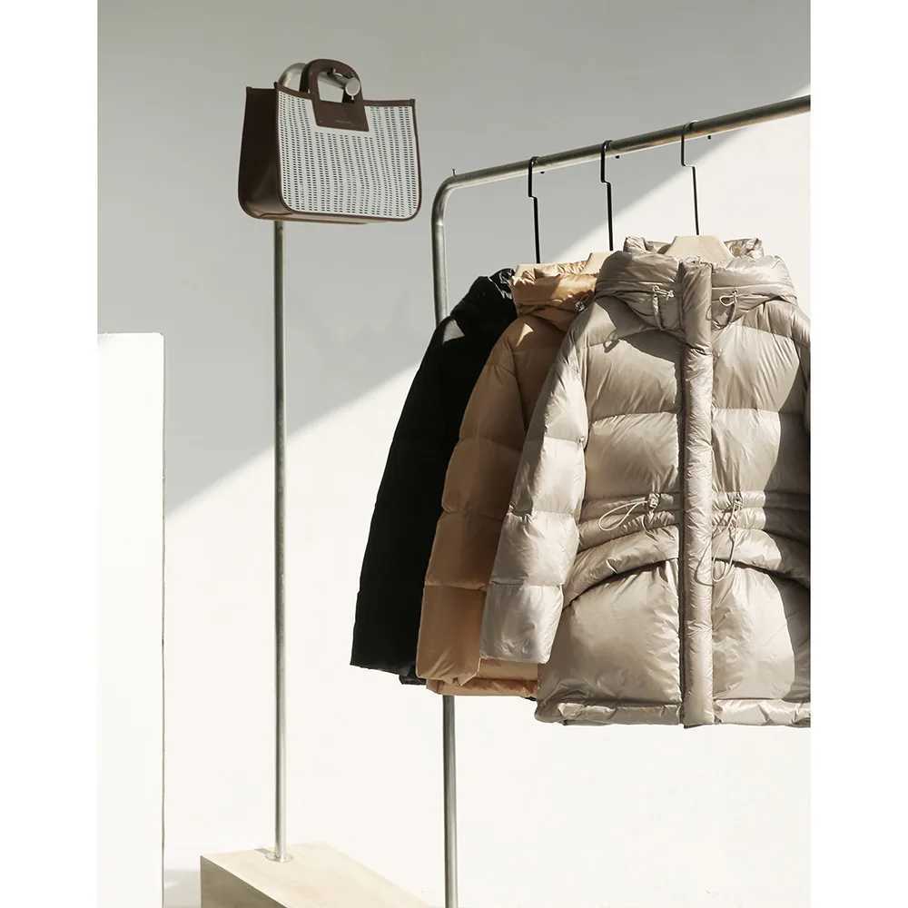 Premium Goose Down Jacket Hooded Down Jacket Womens High-end Womens Clothing Winter Clothing Medium and Long Coat Waist WhiteX241019