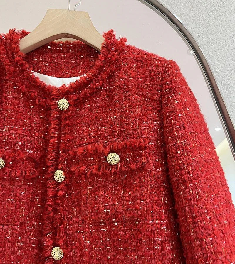 Red Cropped Tweed Coat Women Korean Fashion Long Sleeve Autumn Winter Jacket Single Breasted Down Cotton Lined Warm Lady Outwear 241019