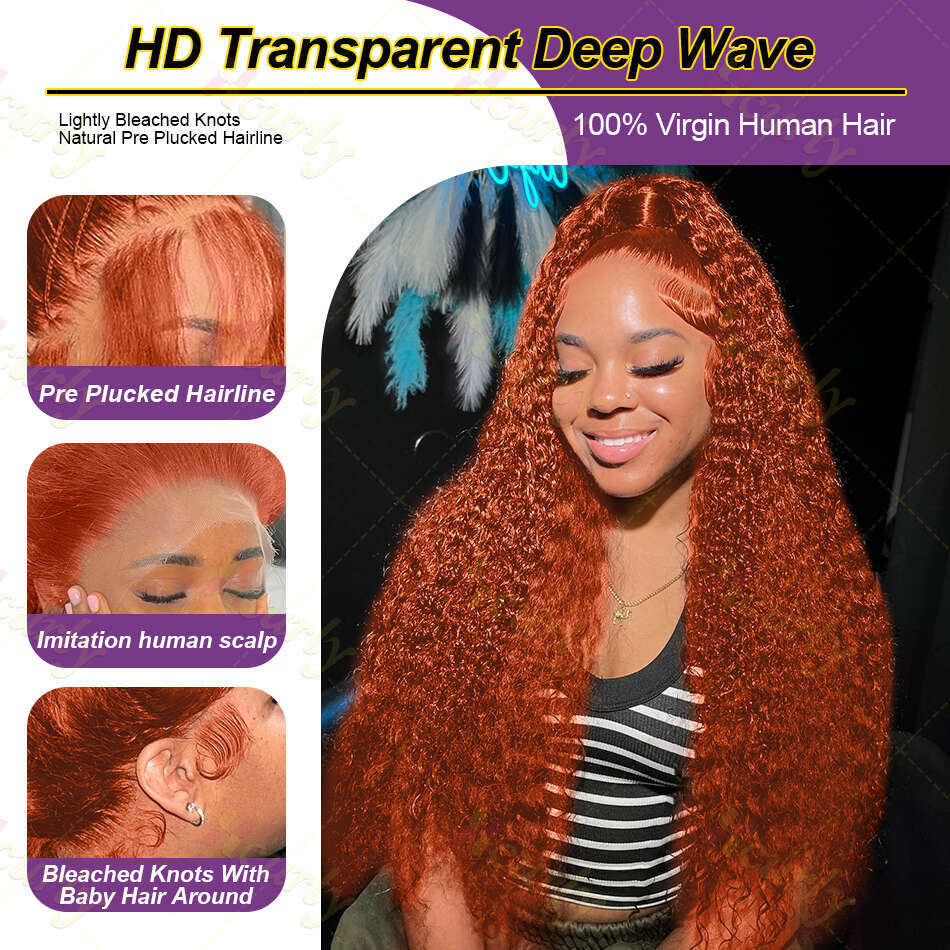 30 Inch Ginger Orange Wig Loose Deep Curly Front Human Hair Water Wave 13x4 13x6 HD Lace Frontal Wigs