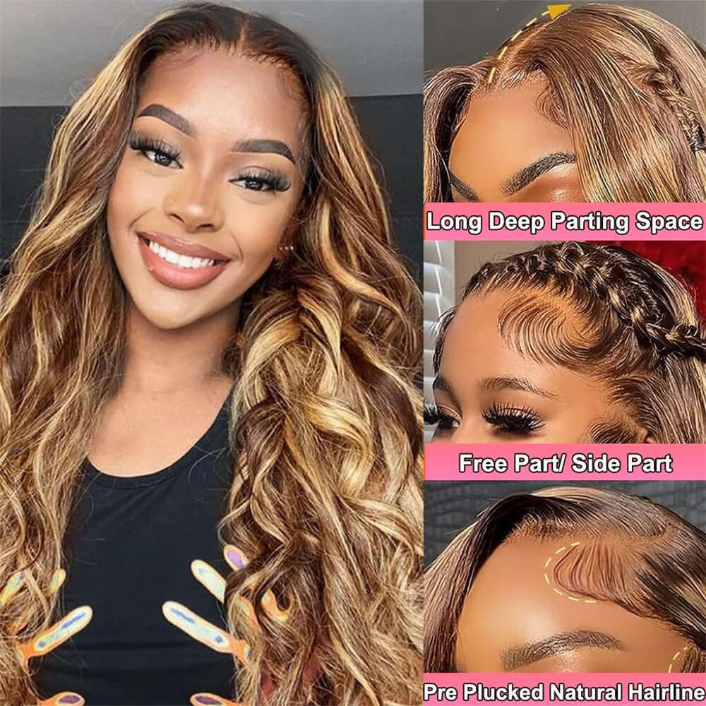 30 32 Inch P4/27 Highlight Body Wave Frontal Colored Ombre 13X4 Lace Front Human Hair Wigs For Women