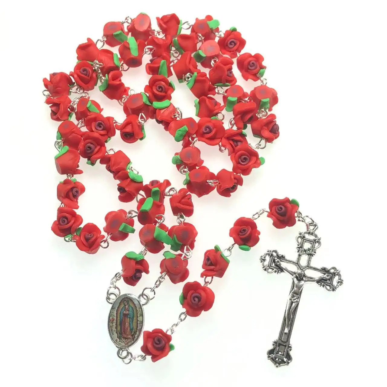 Handmade cathode rose necklace soft ceramic rose beads rose polymer clay necklace with Jesus Cross Virgin Guadalupe Center 241018