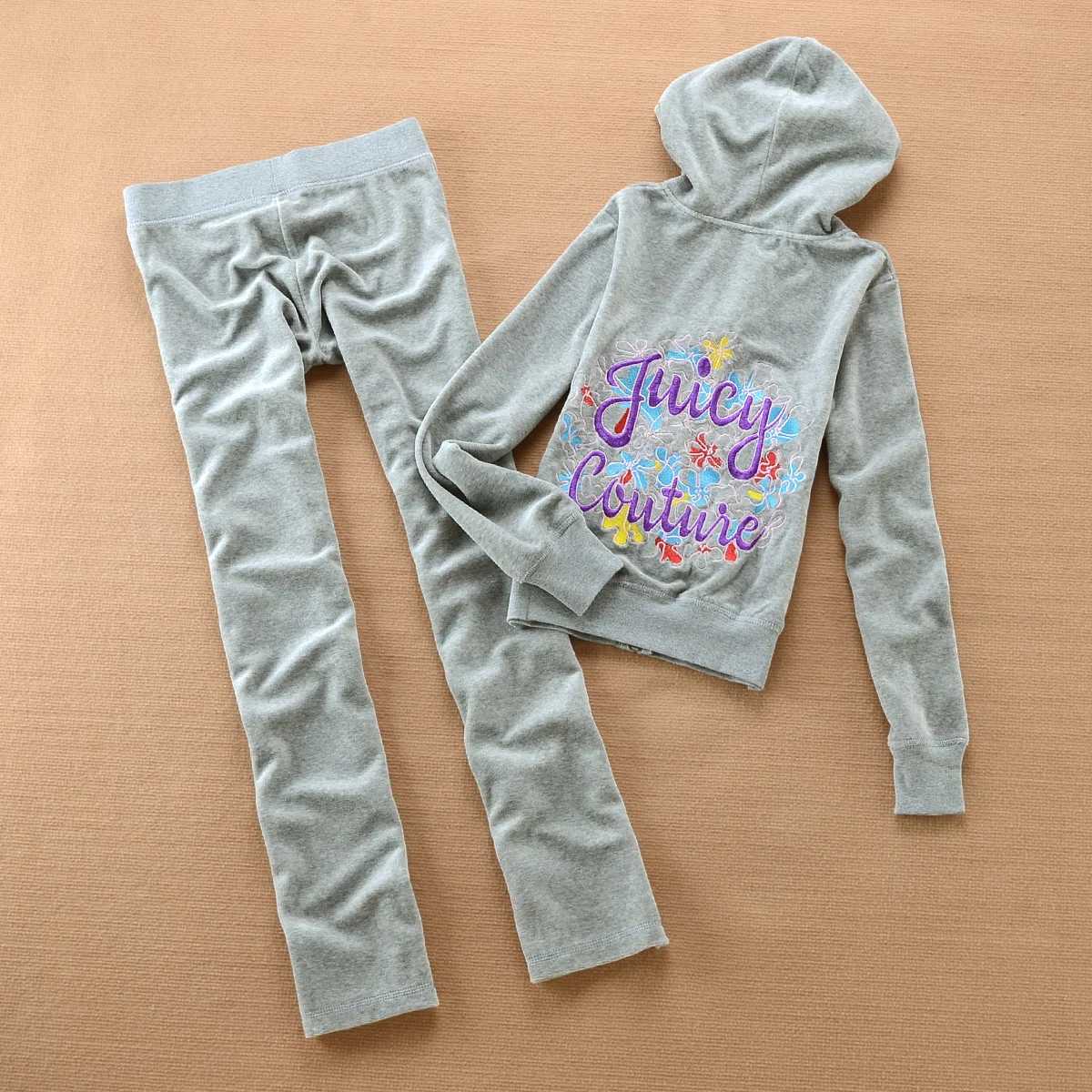 Women's Two Piece Pants Juicy Cometure Velvet Tracksuit Suit Sweatshirt Embroidered Flower Crystal Zipper Top + Casual Sports Straight Pants Y241