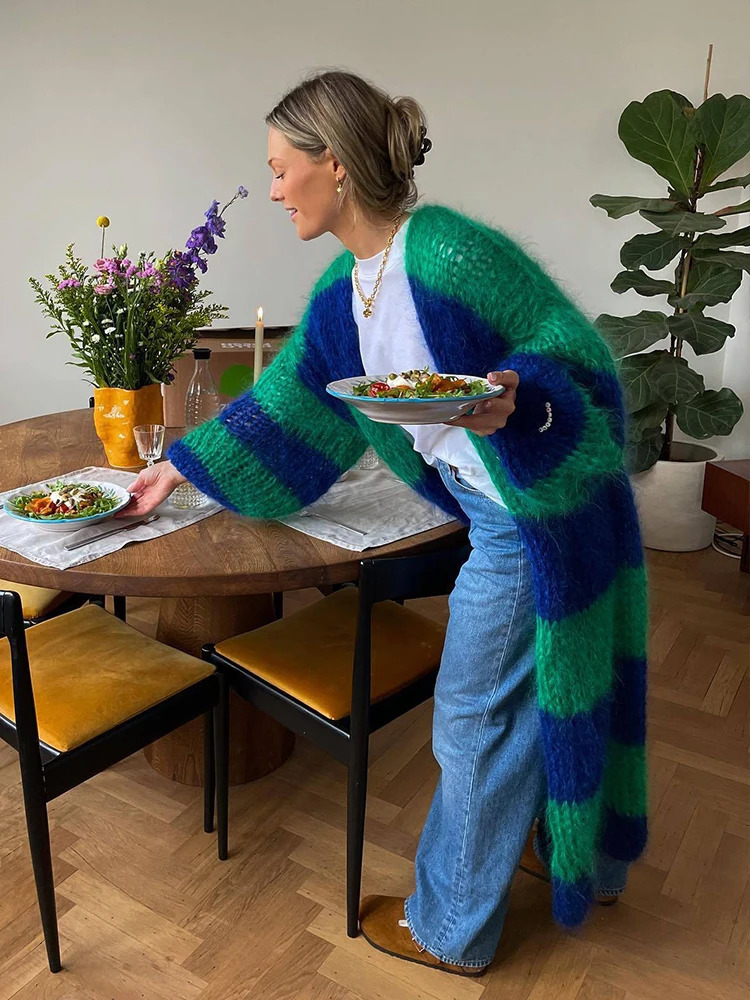 Fashion Stripe Long Cardigan Sweater Women Lantern Long Sleeve Loose Oversize Knitted Coat Autumn Lady Chic Streetwear Overcoat 241009
