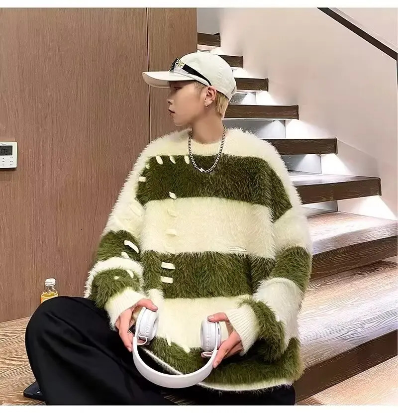 Mens Sweater Striped Contrasting Sweater Mink Fur Japanese Vintage Style Knitted Top Loose Lazy Style Furry Pullover Knitted 241007