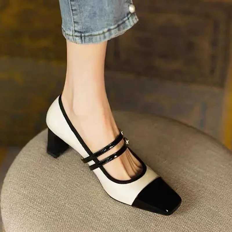 Womens mixed color pump double button Mary Janes shoes black toe high-heeled dress shoes patch work zapatillas mujer tacon Y241019