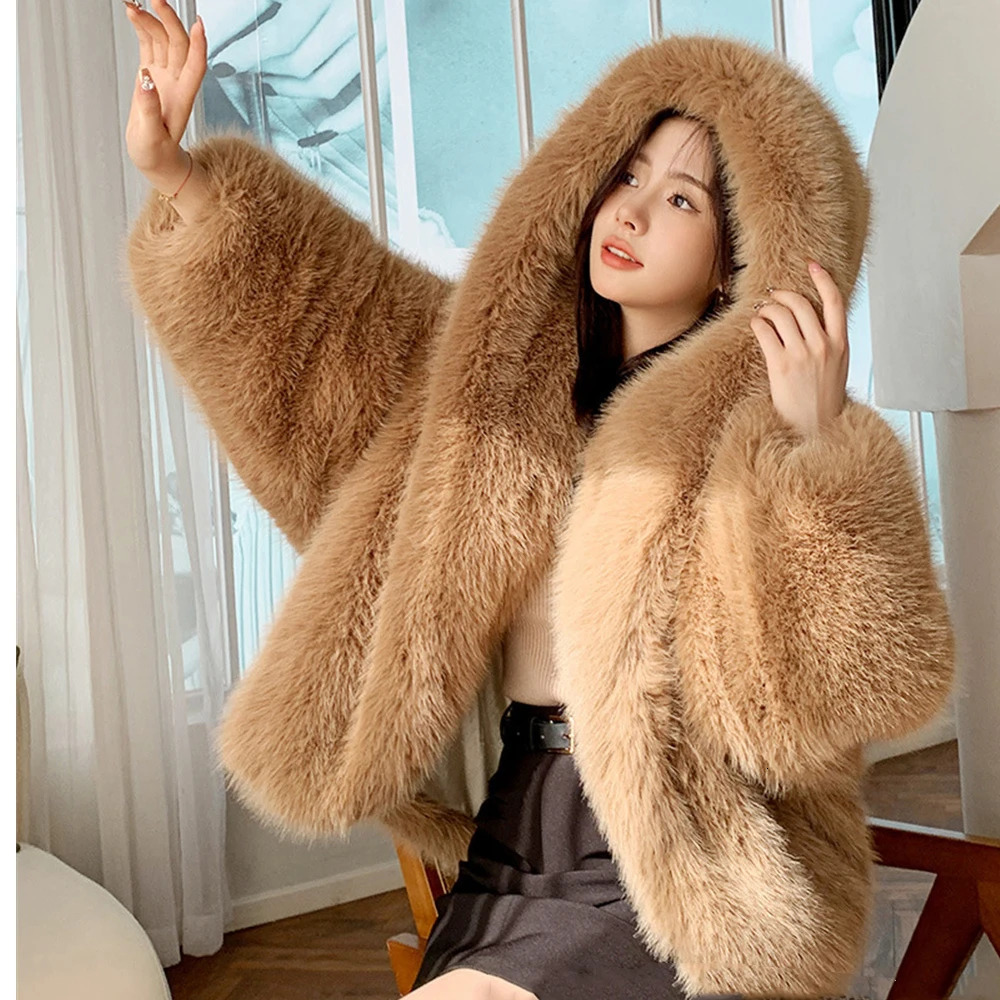 Winter Womens Thick Coat Artificial Fur Autumn Winter Collar Hat Fur Coat Womens Unique Long Sleeve Crop Extra Large Warm Coat 241018