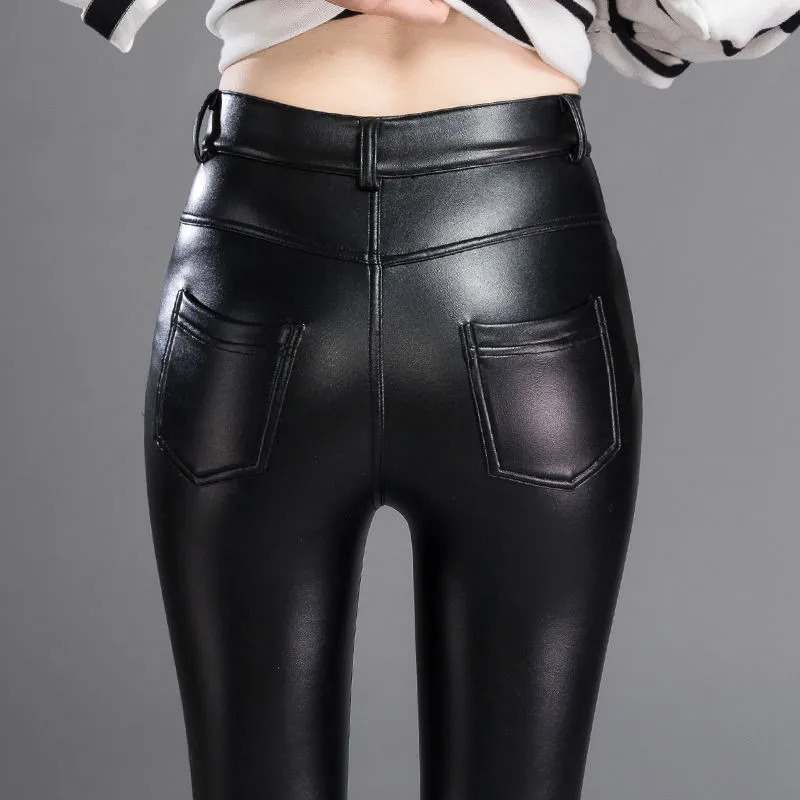 Stretch Skinny Leather Pants for Women Fleece Winter Velvet Casual Trousers Thick Warm Female Pencil Leggings Autumn High Waist 241007
