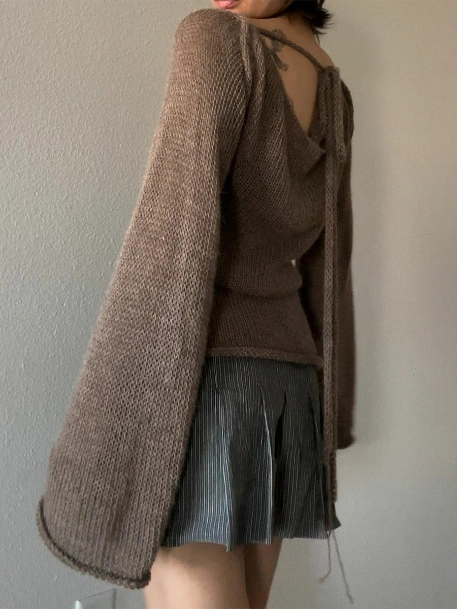 Y2K Tie Back Sweaters Women Long Sleeve Boat Neck Solid Color Knitted Pullover Casual Crochet Tops Fall 241010