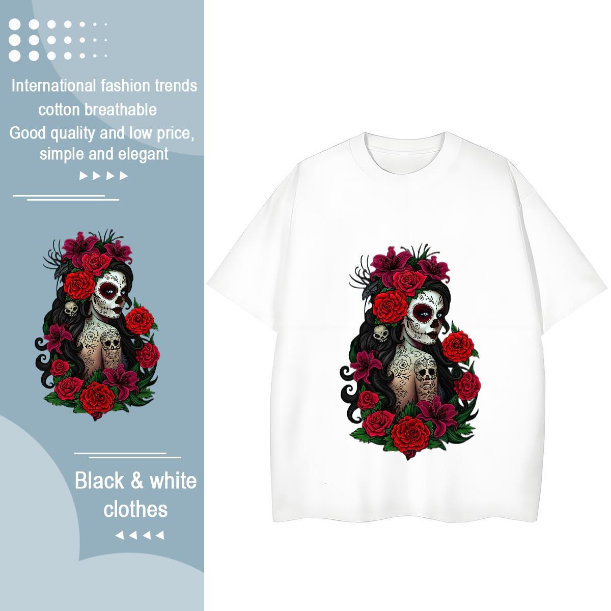 2024 DIY T Shirts Women 230g Cotton O Neck Short Sleeves High Street Hip Hop flower Tshirt for Man Woman Lady DIY Printed Tees