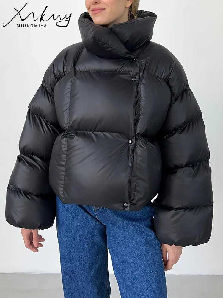 Women's Down Parkas MiuKoMiYa grey womens winter cotton jacket short sleeved apron thick coat Parkas womens hooded jacket 2023 winter Y2410193W5A