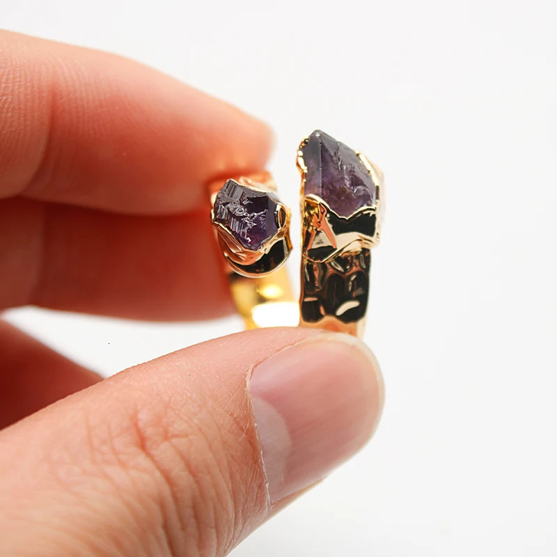Irregular Amethyst Open Ring for Women Girls Goldcolor Double Side Raw Stone Finger Jewelry Resizable 241010