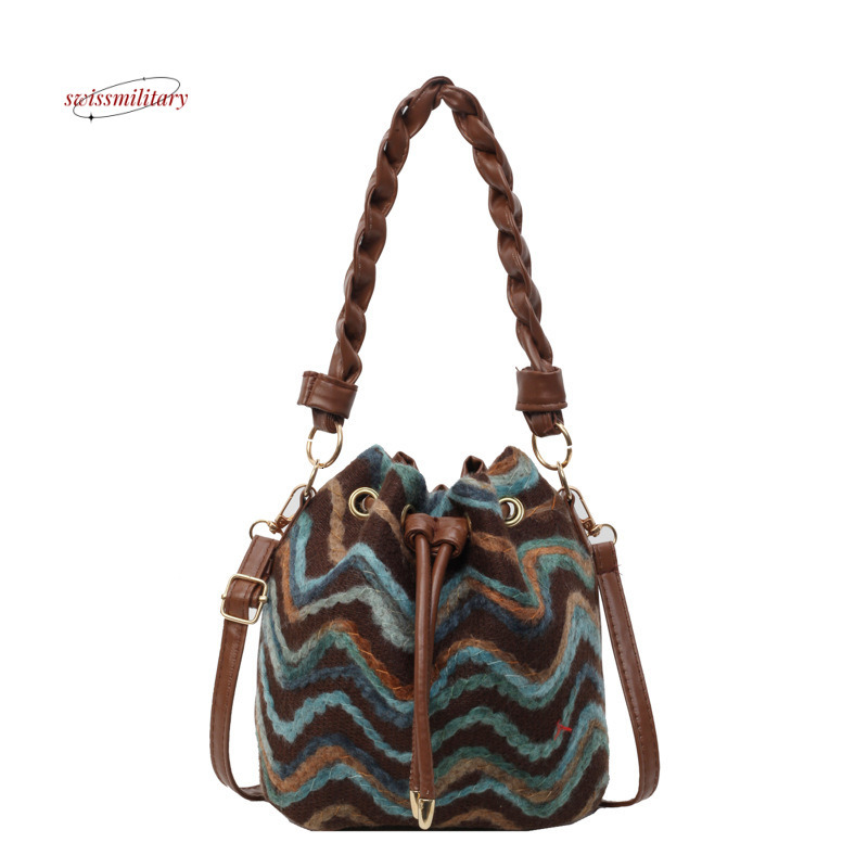 Spring/Summer Bohemian Knitted Pattern Small for Women 2024 New Fashion Color Contrasting Crossbody Pulling Rope Bucket Bag #20 swissmilitary