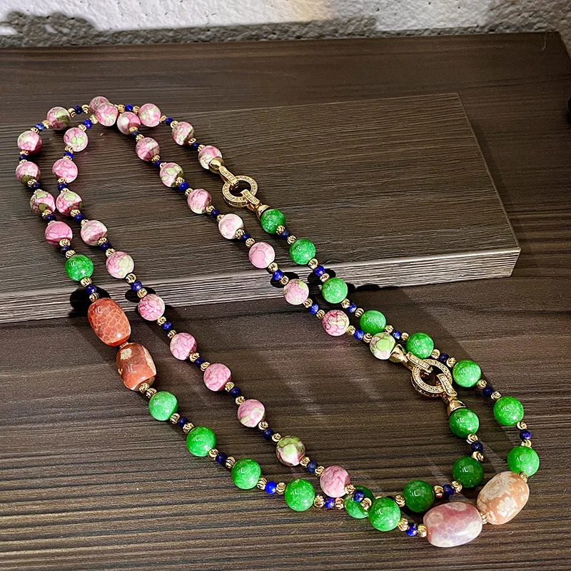 Tianqingshi Agate Road Exit Pink Ceramic Natural Stone Bead Sweater Necklace 241018