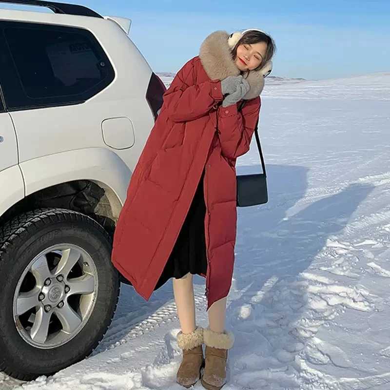 Womens Winter with fur collar Hooded Coat Down Cotton Jacket Warm Parkas Clothing Snow Outwear Winter Long Windproof OutercoatX241019