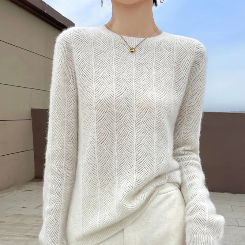 DjzDsm Women O-neck Pullover Sweater Hollow Out Long Sleeve Jumper 100% Merino Wool Knitwear Basic Casual Clothes Autumn Winter 241010