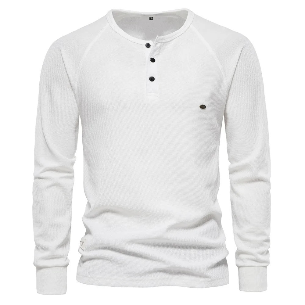 Long Sleeve Mens Waffle Henley Collar Mens Top T-shirt Solid Color Floral Mens T-shirt 241018