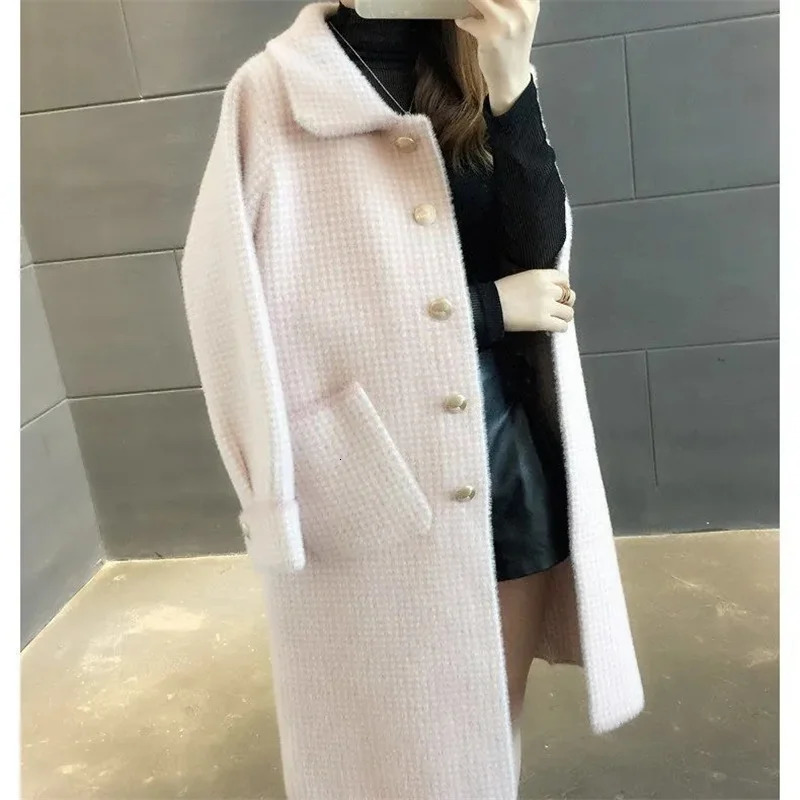 Autumn and winter mink knitted cardigan wool womens sweater medium long thick loose coat wool plain weave large coat 241019
