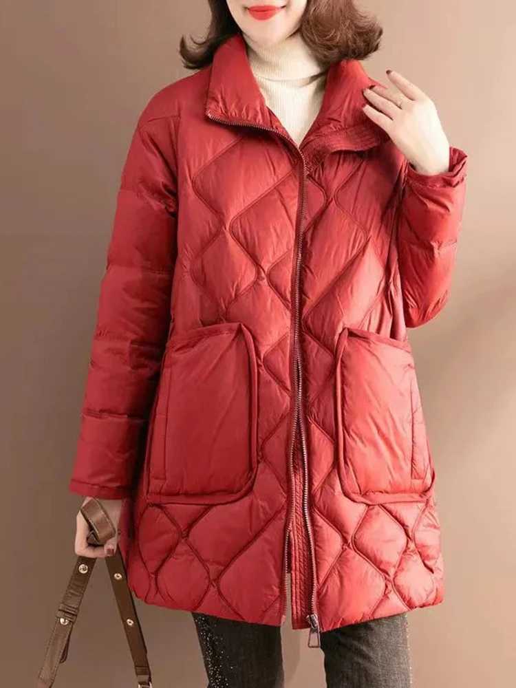 Oversized Lightweight Down Cotton Coats Winter Loose Mid-length Casual Basic Jaqueta Tops Korea Warm Classic Big Pocket JacketsX241019