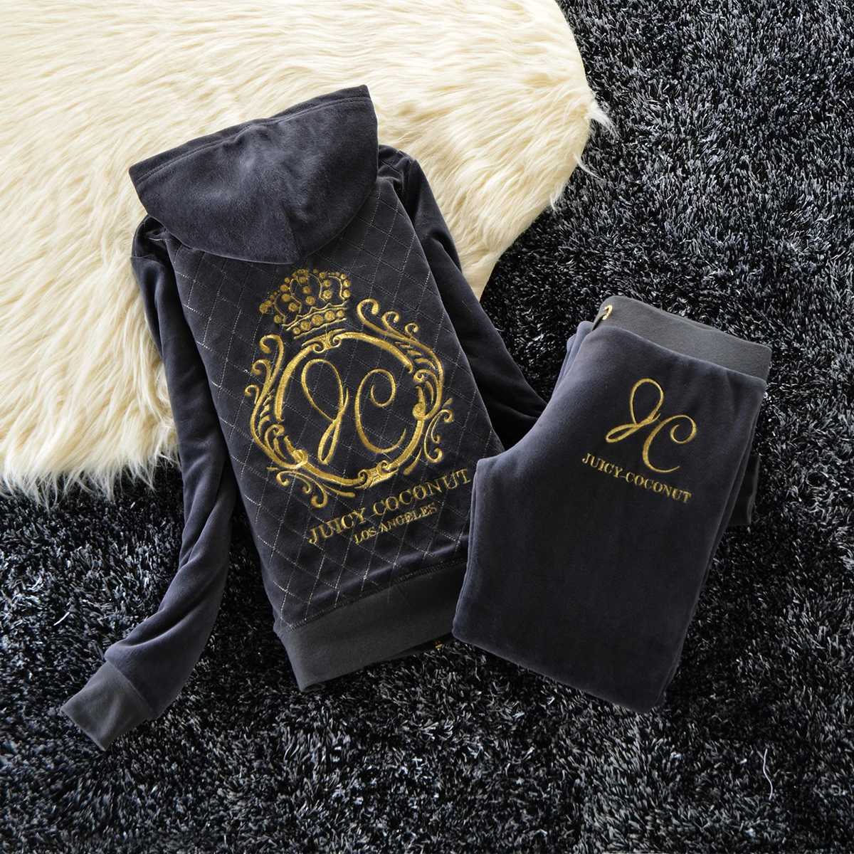 Women's Two Piece Pants Juicy comedy autumn and winter thick velvet womens set warm winter womens 2-piece hooded sweatshirt+thick Trouser Y241019