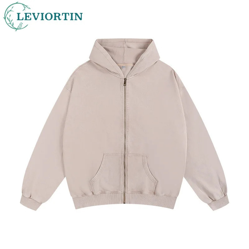 Heavyweight 350gsm Zipper Hoodies Jacket Men Streetwear Shoulder Drop Loose Washed Cotton Hooded Sweaters Coat Jogging Outwears 241019