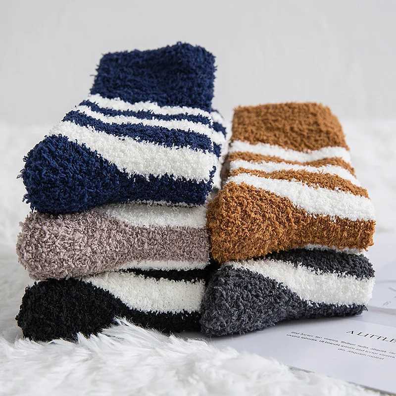 Striped Socks Men Soft Man Fluffy Socks Thick Coral Velvet Winter Warm Home Indoor Floor Terry Towel Fuzzy Sock Mens Male MeiasXJ241019