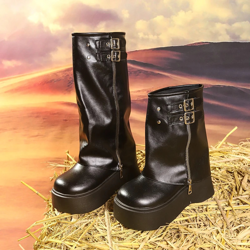 Winter Womens Bicycle Boots Fashion Buckle Womens Platform Wedge High Heel Long Tube Boots Casual Womens Knee High Boots 241018