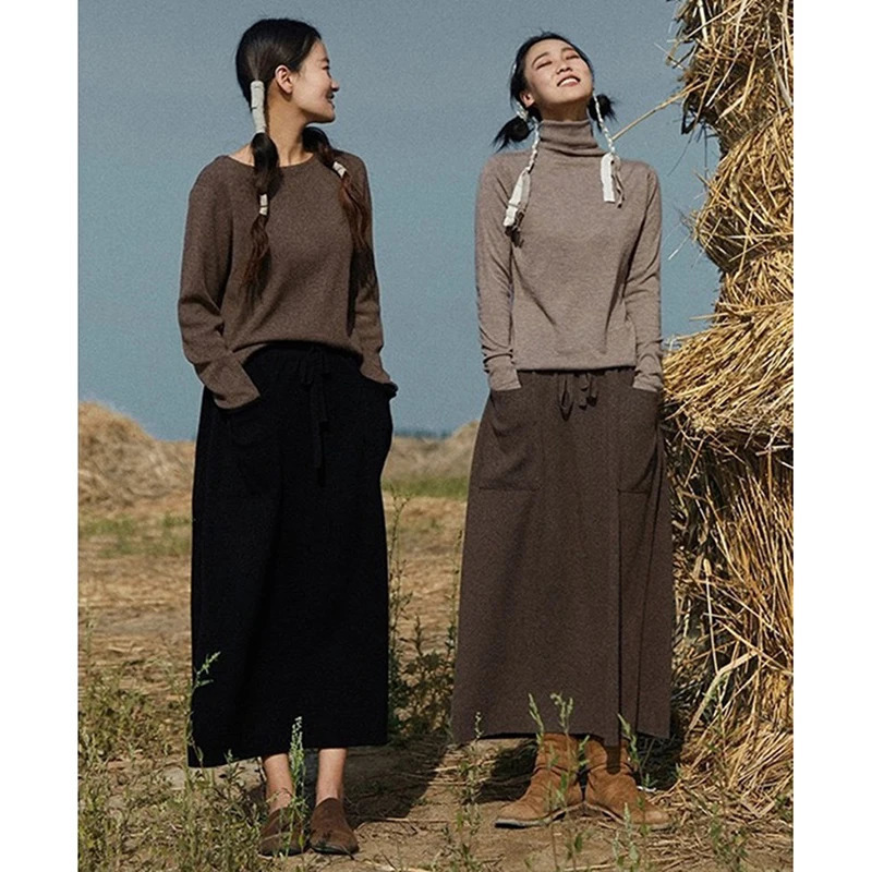 AutumnWinter Cashmere Double Pocket Retro Dress Art Style Versatile Womens Long Skirt 241019