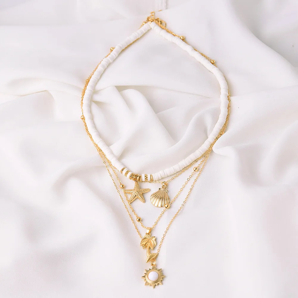 Fashion jewelry multi-layer necklace polymer clay metal starfish shell coconut pendant necklace 241018
