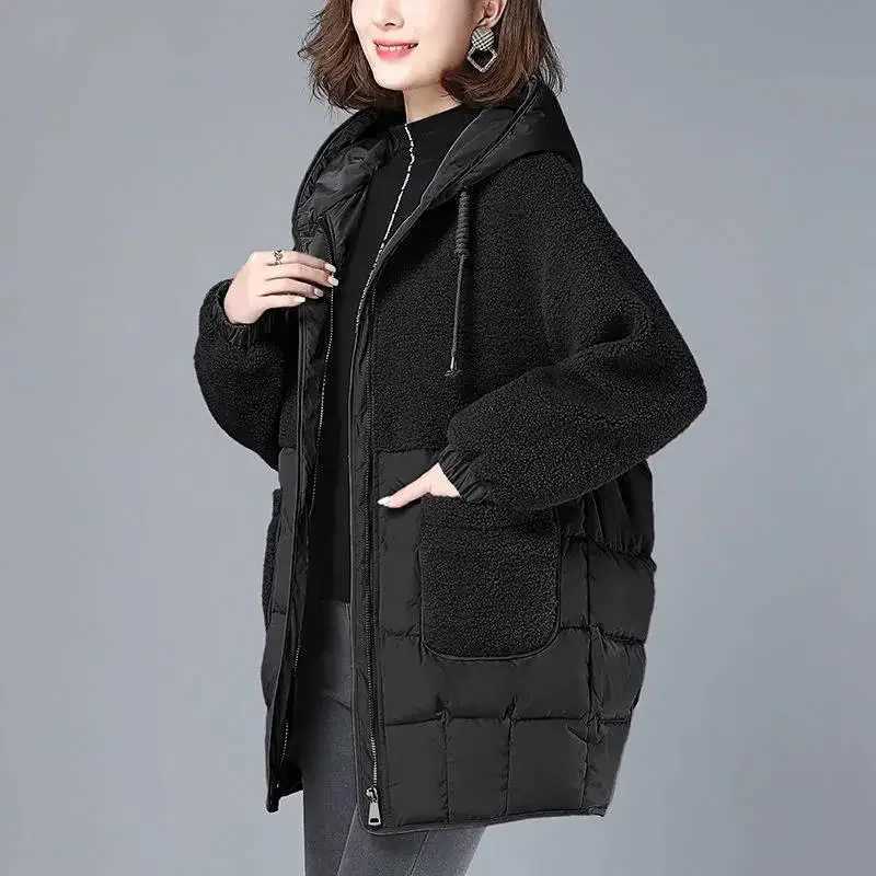 Women Padded Jackets Autumn Winter Hooded Outerwear 2024 Loose S-4XL Down Cotton Jacket Mid-Length Lamb Wool Thick Coat FemaleX241019